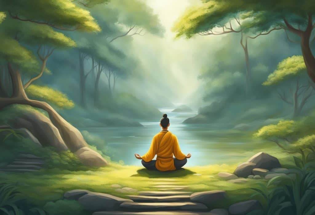 A serene meditator gazes through obstacles with penetrating vision in the tranquil setting of a Jhana Buddhist practice
