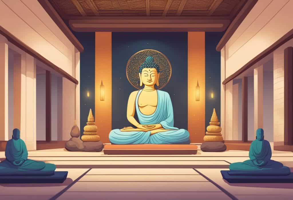 A serene meditation hall with cushions, incense, and Buddha statues. Peaceful atmosphere with soft lighting and a sense of tranquility