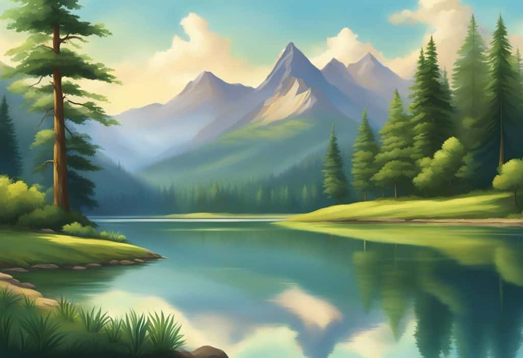 A serene mountain lake reflects the towering peaks and lush greenery of the surrounding landscape, with a sense of tranquility and stillness pervading the scene