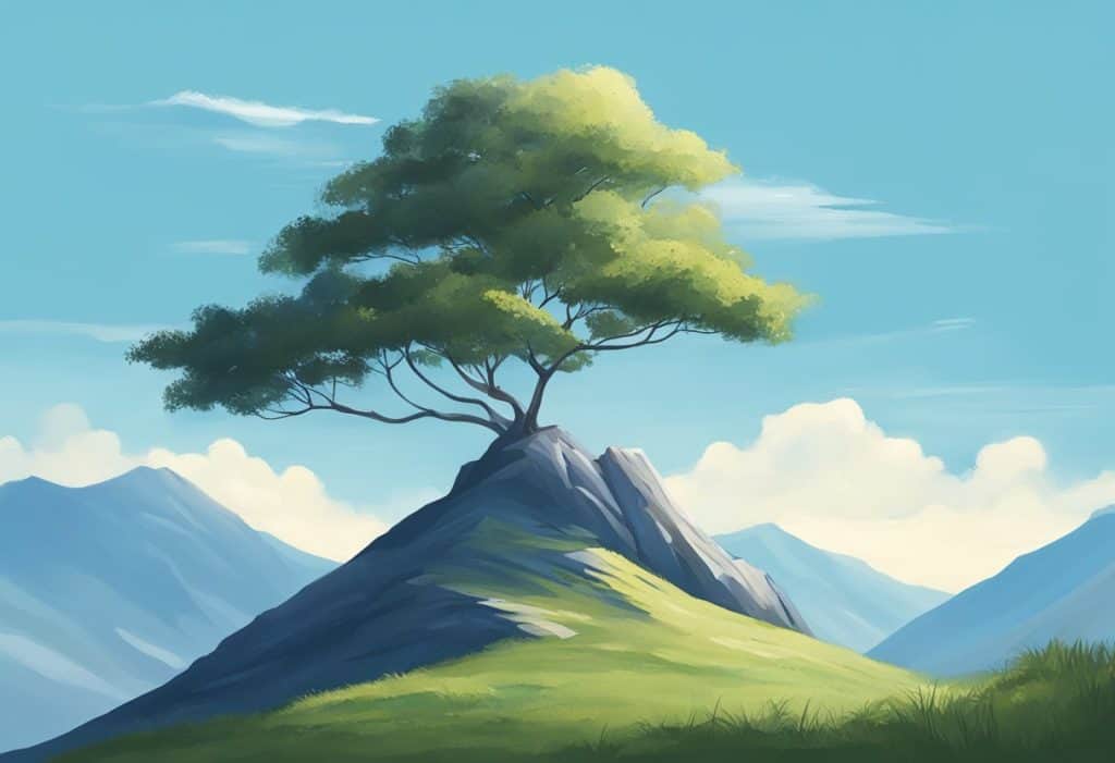 A serene mountain peak with a clear blue sky and a single tree in the foreground, surrounded by a feeling of deep stillness and tranquility