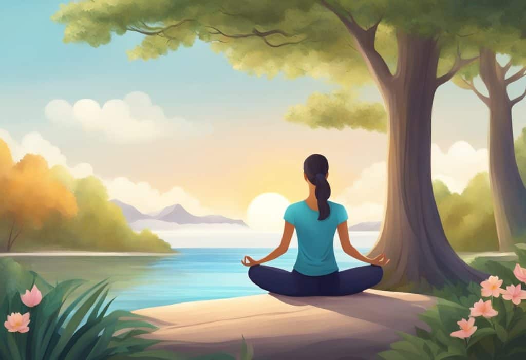 A serene yoga and meditation scene with a peaceful setting and natural elements like trees, flowers, and a calm body of water