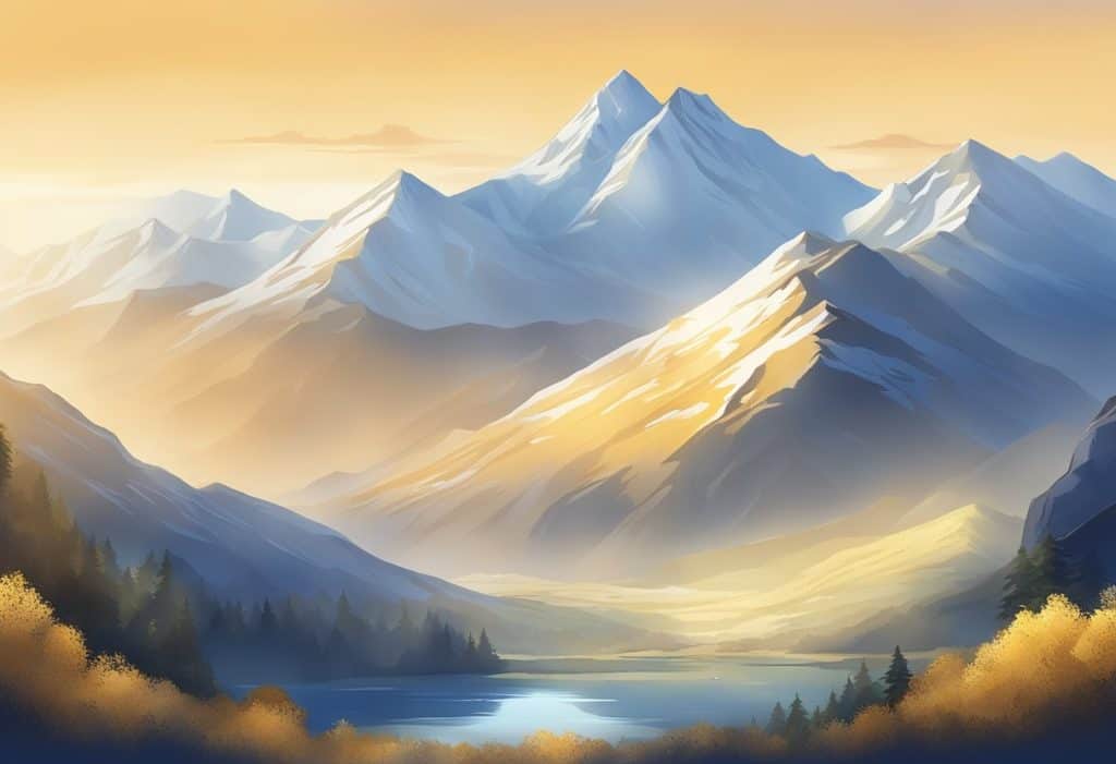 A serene mountain peak bathed in golden sunlight, with a clear blue sky and a sense of tranquility