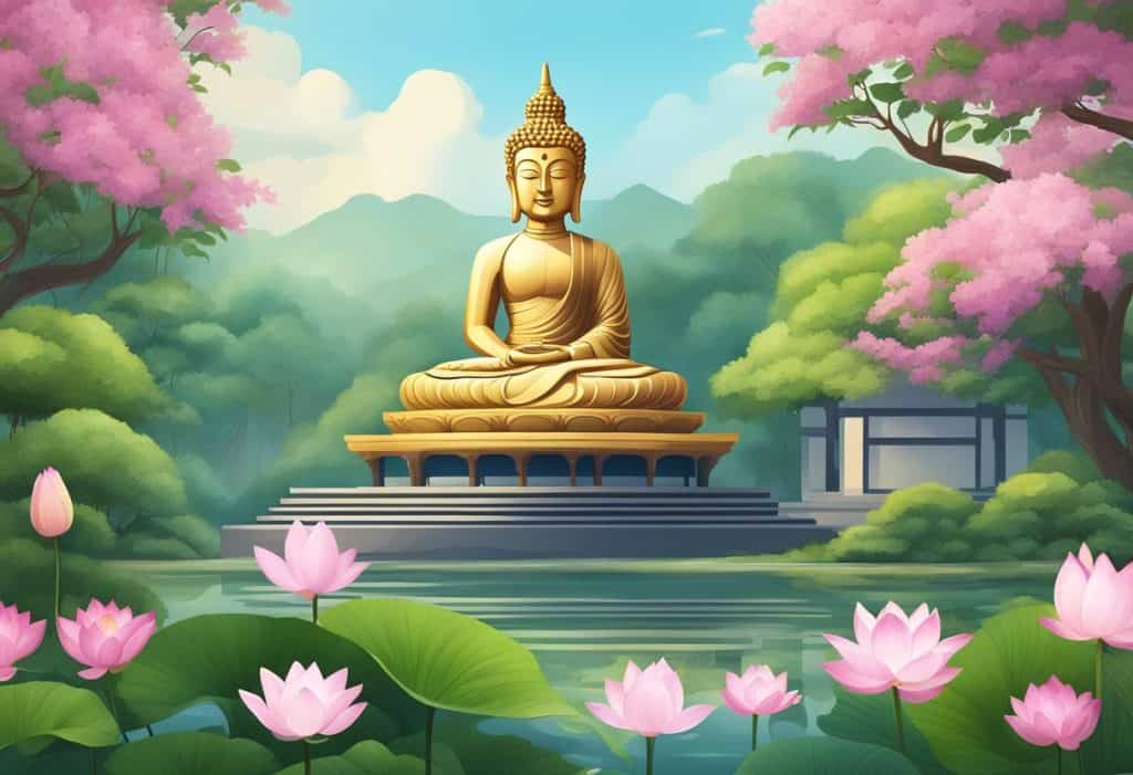 A serene Buddhist temple with a peaceful garden and a statue of the Buddha, surrounded by lush greenery and blooming lotus flowers