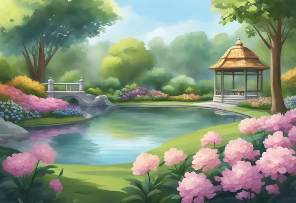 A serene garden with blooming flowers, a tranquil pond, and a gentle breeze