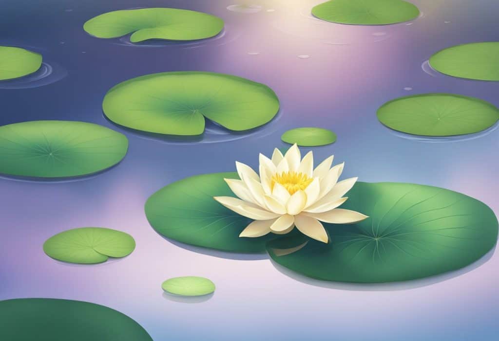 A serene lotus flower floating on a calm, reflective pond, surrounded by lush greenery and gentle ripples on the water's surface