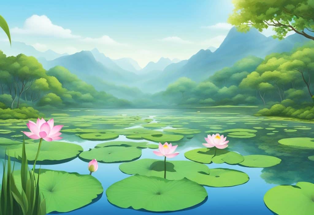 A serene landscape with a lotus pond, surrounded by lush greenery and a calm, clear sky
