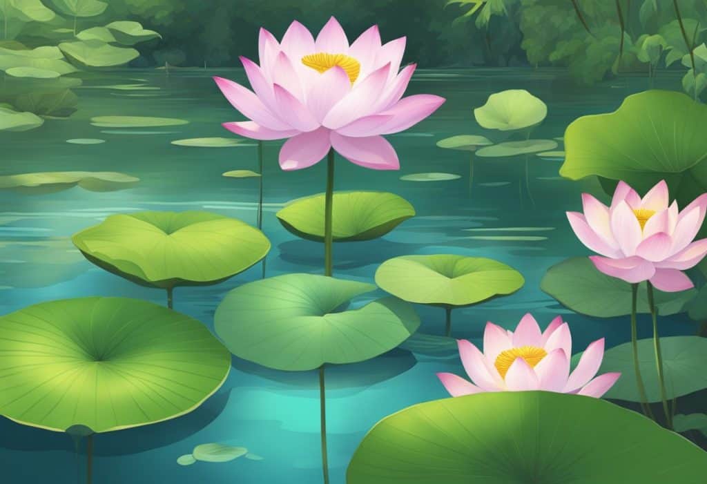 A serene lotus pond surrounded by lush greenery, with a gentle breeze rustling the leaves and causing ripples on the water's surface