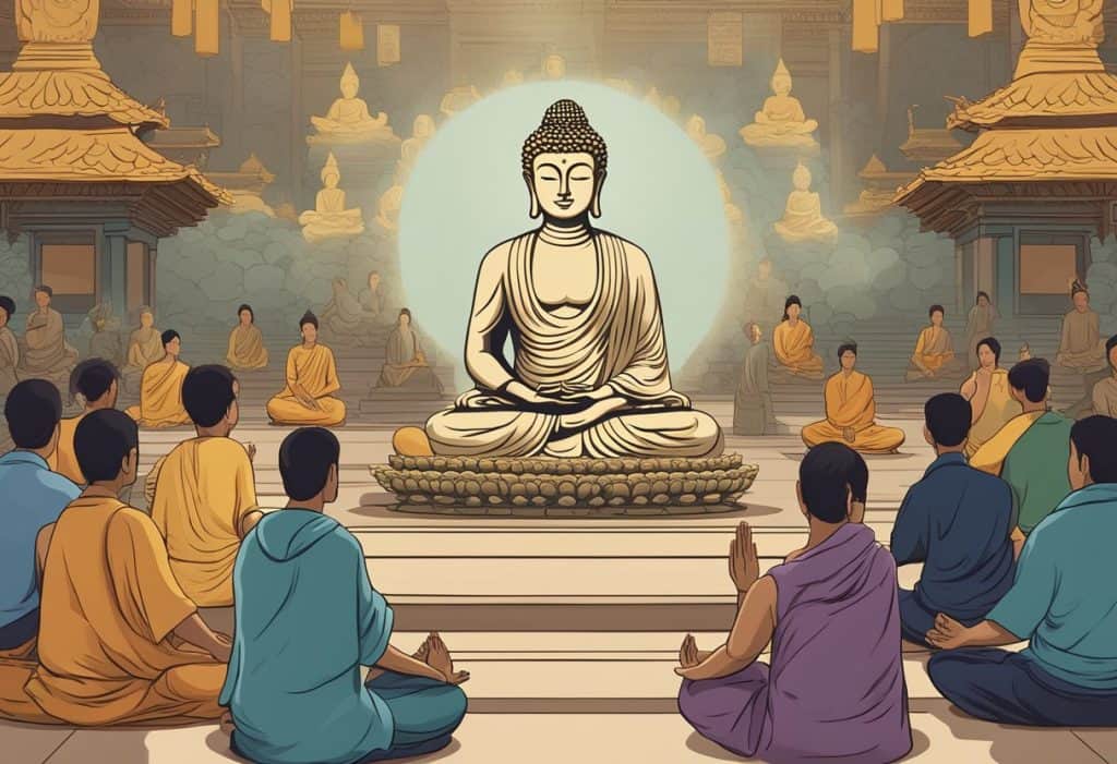 A serene Buddha statue surrounded by incense, with a group of people sitting in meditation, and a sign reading "Frequently Asked Questions vedana budismo" in the background