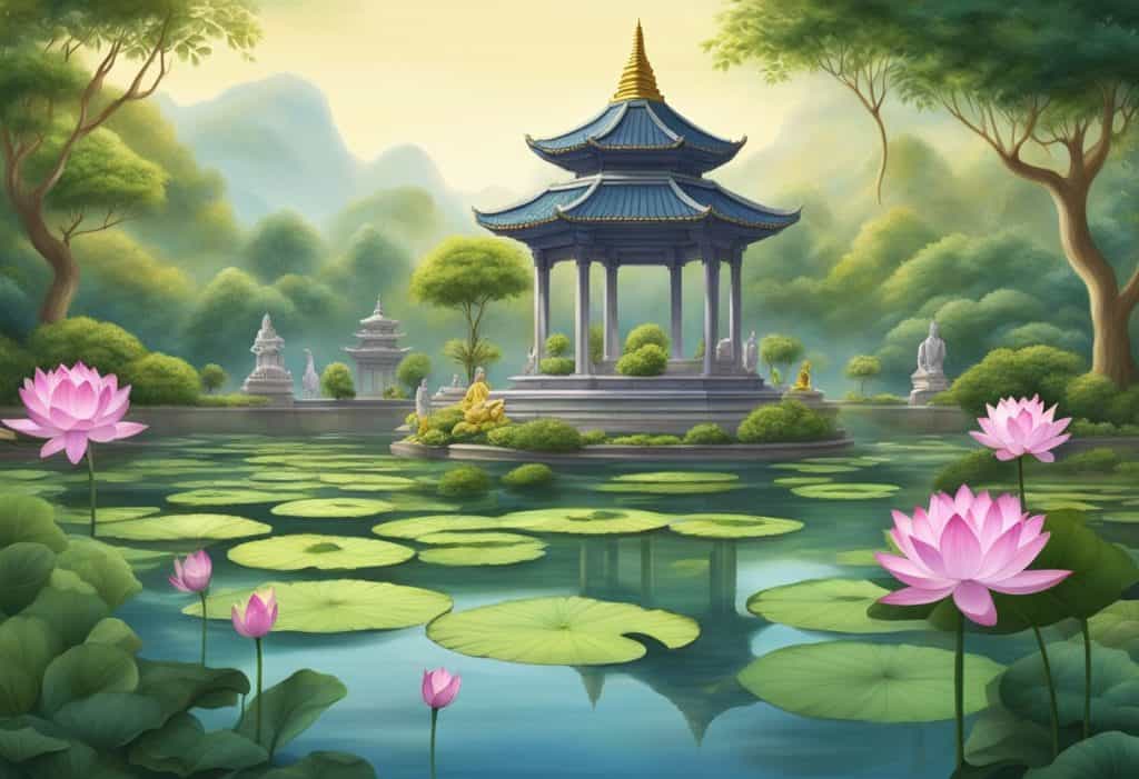 A serene garden with a blooming lotus pond, surrounded by lush greenery and peaceful statues, evoking a sense of tranquility and spiritual connection in Ananda Buddhism