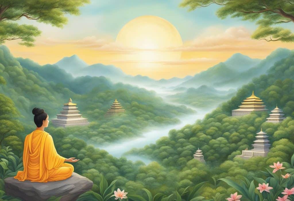 Ananda renouncing early life for Buddhism, surrounded by nature and serenity
