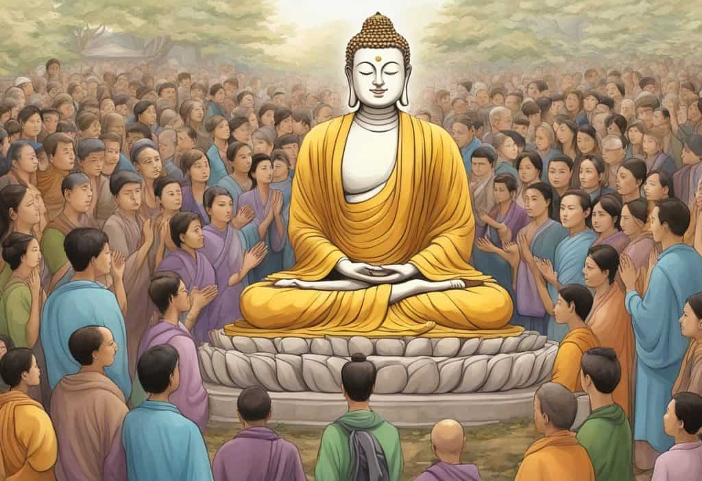A serene Buddha statue surrounded by curious onlookers seeking answers about Ananda Buddhism