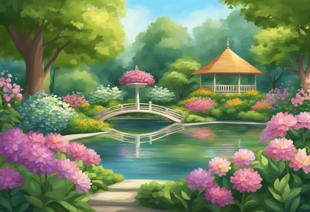 A serene garden with blooming flowers and lush greenery, radiating a sense of peace and tranquility