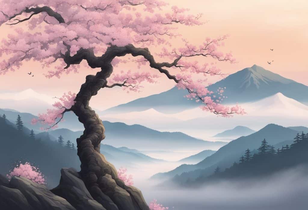 A lone cherry blossom tree stands tall against a backdrop of misty mountains, symbolizing the enduring influence and legacy of the samurai