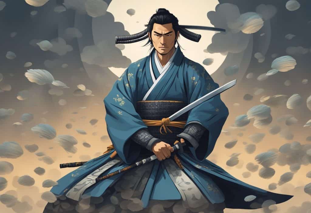 A samurai standing with a sword, surrounded by floating question marks