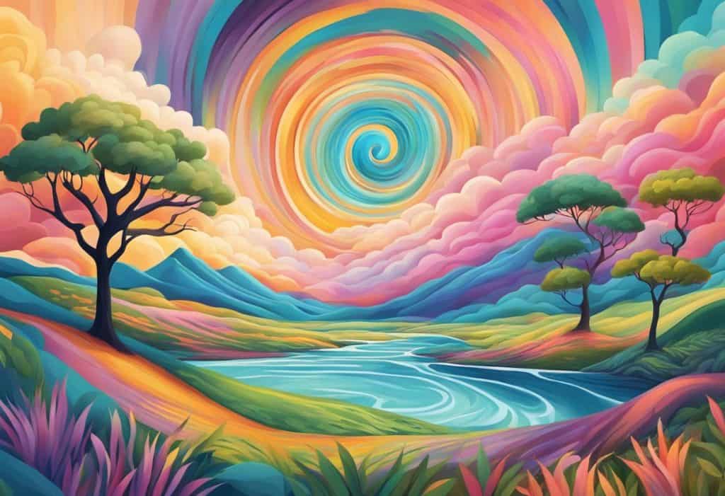 A serene landscape with vibrant colors and swirling patterns, representing the subjective experience and spiritual development of chidakasha