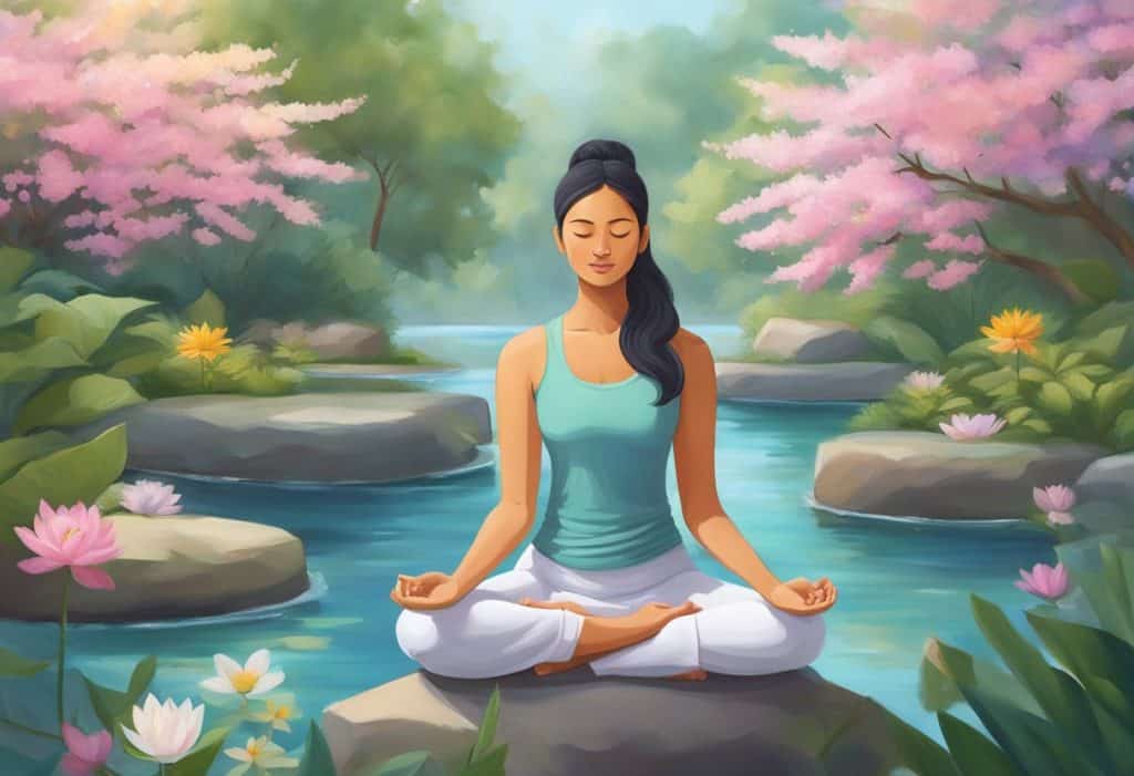 A serene figure meditates in a lush garden, surrounded by blooming flowers and tranquil water features. The figure exudes a sense of inner peace and self-transformation through the practice of Japa Yoga