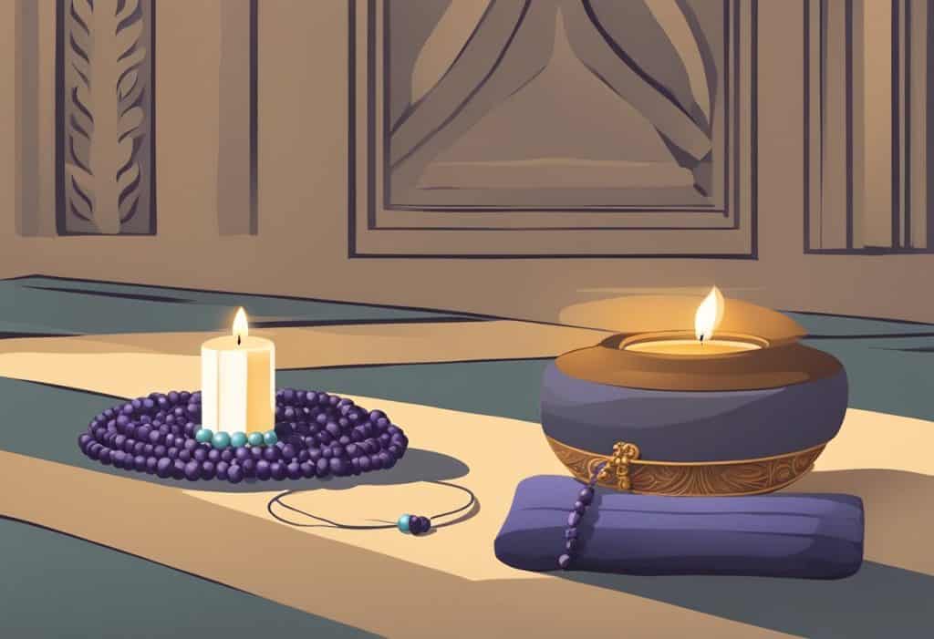 A serene setting with a lit candle, mala beads, and a meditation cushion for Japa Yoga practice