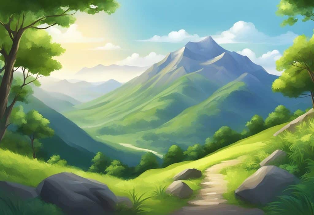 A serene mountain landscape with clear skies, lush greenery, and a tranquil atmosphere