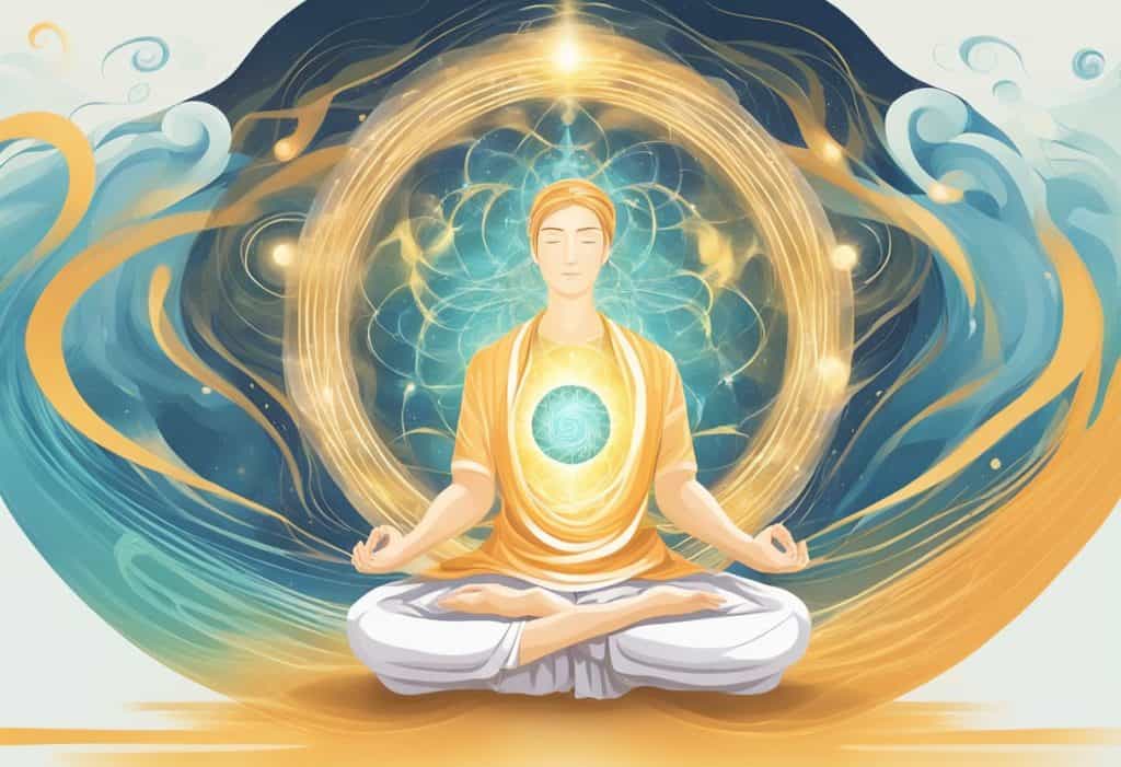 A serene figure surrounded by swirling energy, representing the impact of mantras on wellness