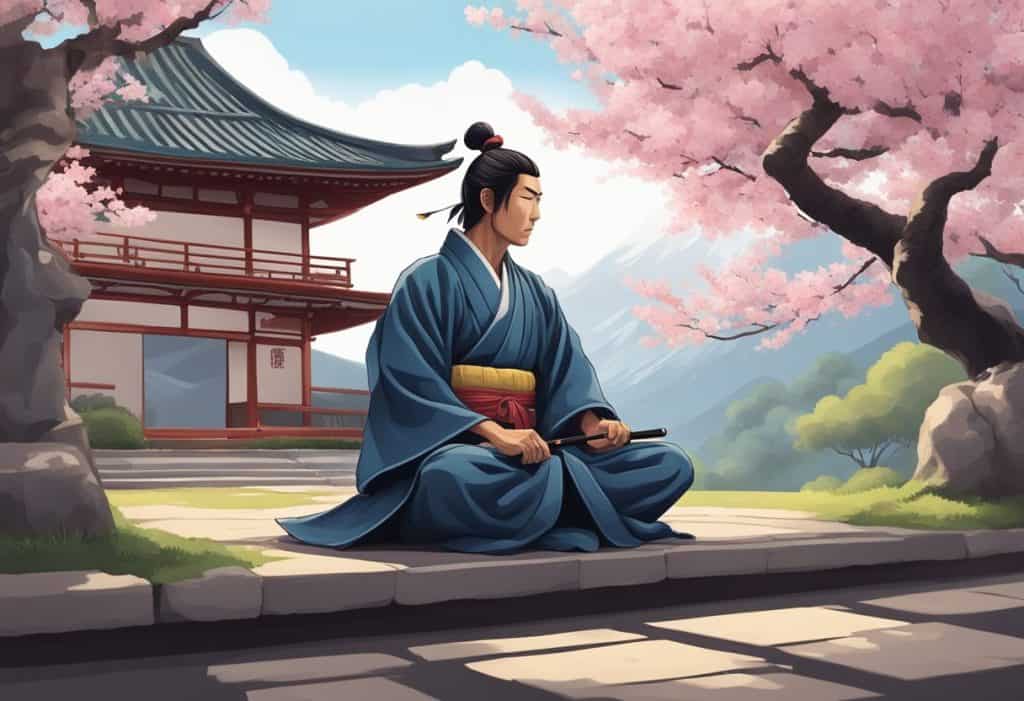 A lone samurai meditates under a cherry blossom tree, surrounded by traditional Japanese architecture and a serene garden