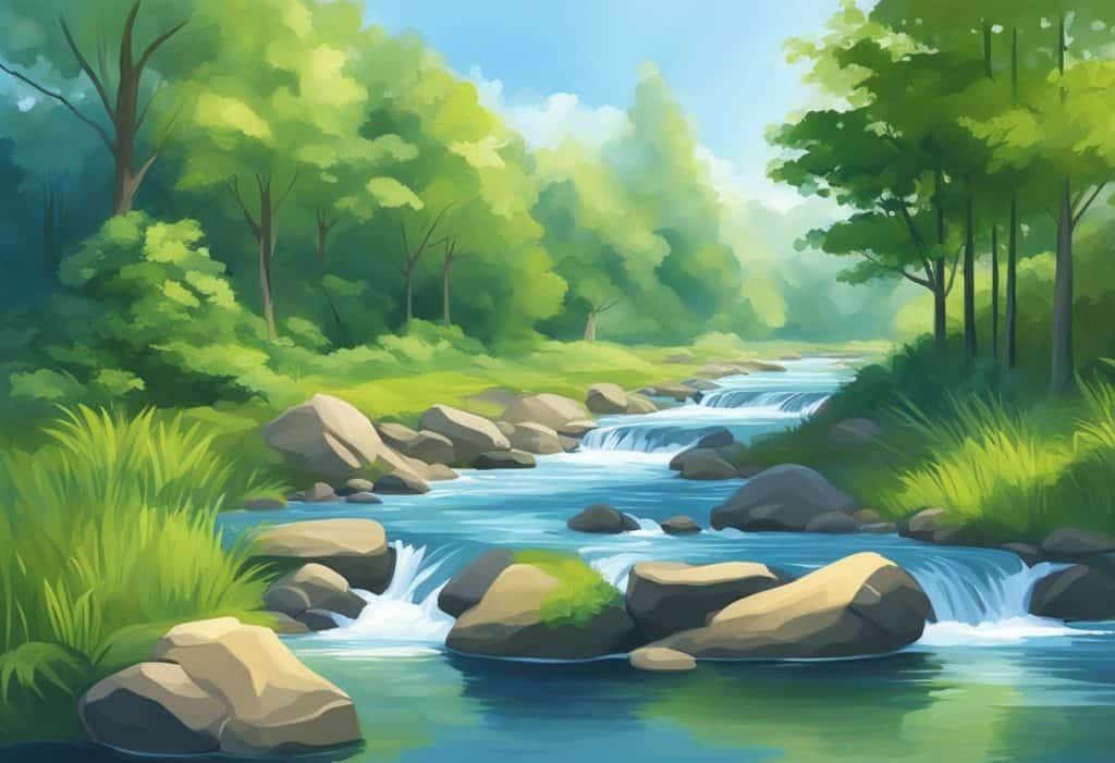 A serene landscape with flowing water, lush greenery, and a clear blue sky, evoking peace and tranquility