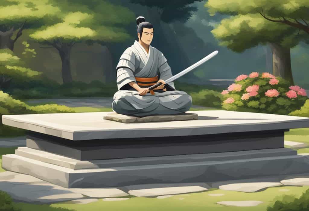The ancient origins of Bushido, a samurai code, depicted through a traditional Japanese sword resting on a stone pedestal in a tranquil garden setting