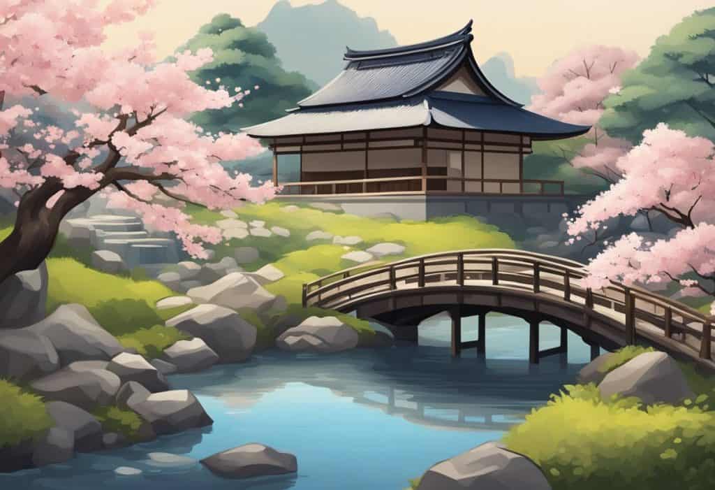 A serene garden with a traditional Japanese house, a flowing stream, and cherry blossom trees, embodying the principles of Bushido in everyday life