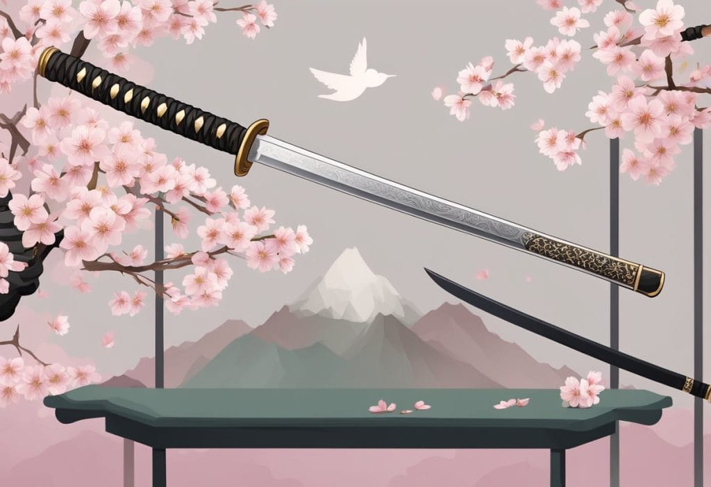 A serene garden with a traditional Japanese house, a flowing stream, and cherry blossom trees, embodying the principles of Bushido in everyday life