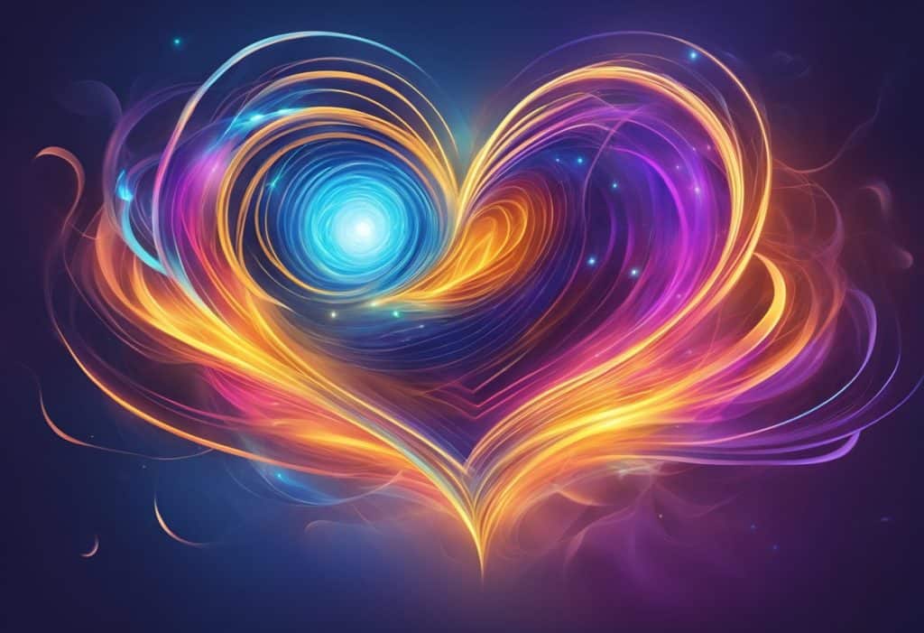 A glowing heart emanates energy, surrounded by swirling lines and vibrant colors, symbolizing inner strength and power