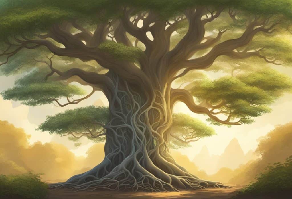 A serene bodhi tree stands tall, its intricate roots spreading out and intertwining with the earth. Sunlight filters through the leaves, casting dappled shadows on the ground below