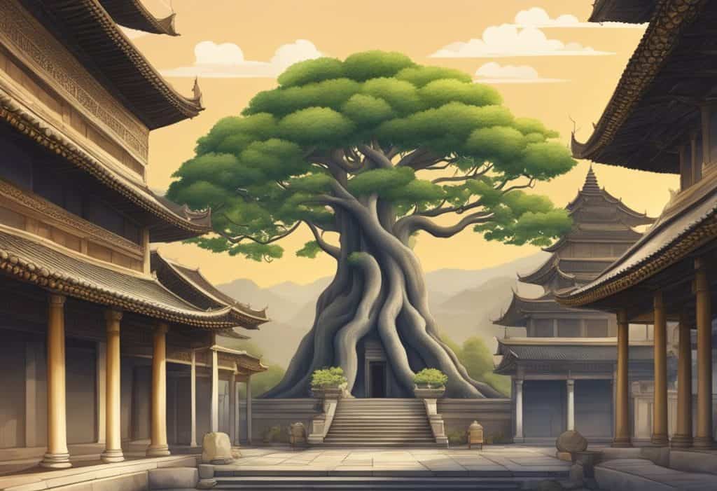 A Bodhi tree stands tall in a historical and cultural setting, surrounded by ancient architecture and symbols of tradition
