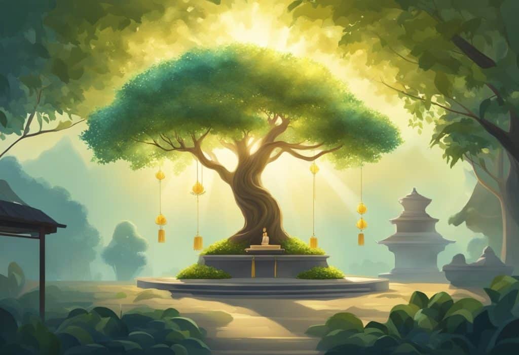 A serene Bodhi tree stands in a peaceful garden, surrounded by offerings and incense. Rays of sunlight filter through the leaves, creating a tranquil atmosphere