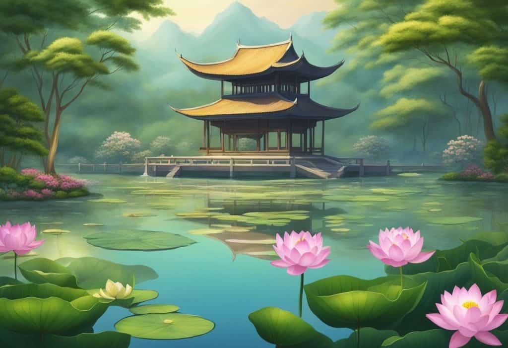 A serene garden with a peaceful pond, surrounded by blooming lotus flowers and lush greenery, symbolizing the concept of nirvana in Buddhism