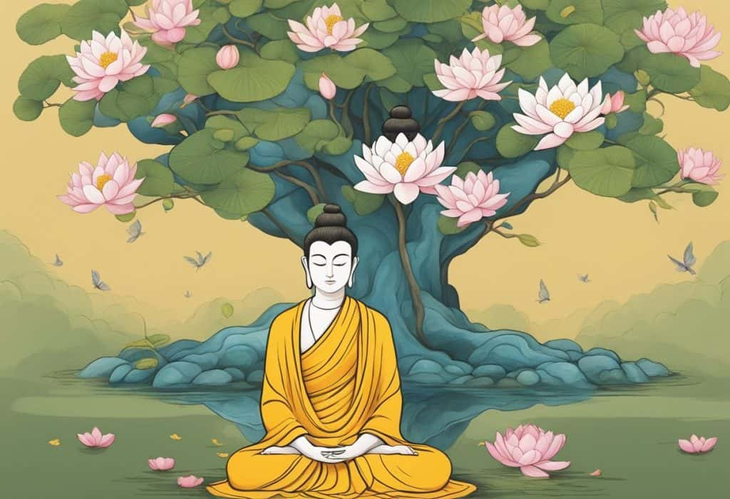 A serene figure sits under a Bodhi tree, surrounded by blooming lotus flowers. The figure exudes a sense of peace and enlightenment, representing the origins of Buddhism and the attainment of nirvana