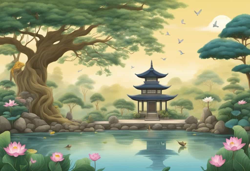 A serene garden with a Bodhi tree, lotus pond, and meditating animals symbolizing the search for enlightenment in Buddhism