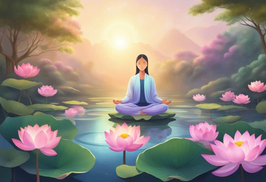 A serene garden with blooming lotus flowers, a peaceful meditating figure, and a glowing aura of enlightenment