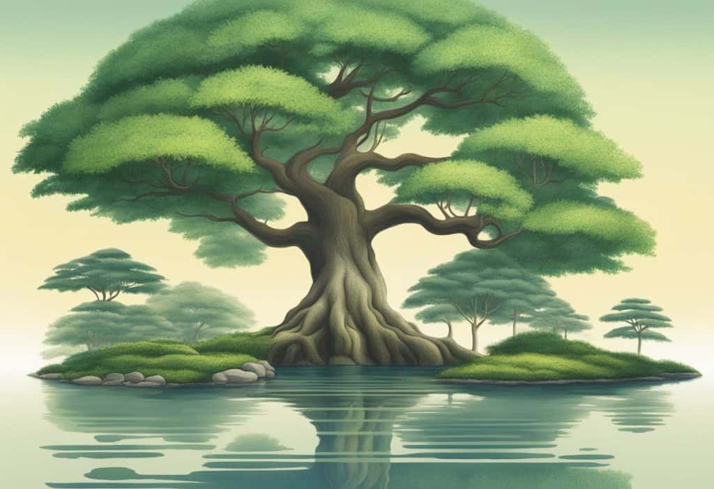 A serene garden with a Bodhi tree, lotus flowers, and a peaceful pond, symbolizing the key teachings and doctrines of Buddhism leading to Nirvana