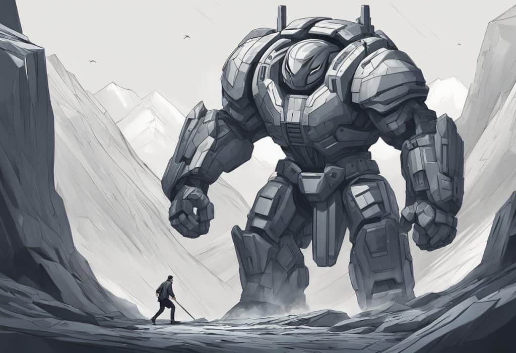 A figure stands tall, surrounded by looming obstacles. Their inner strength radiates, overcoming both internal and external challenges
