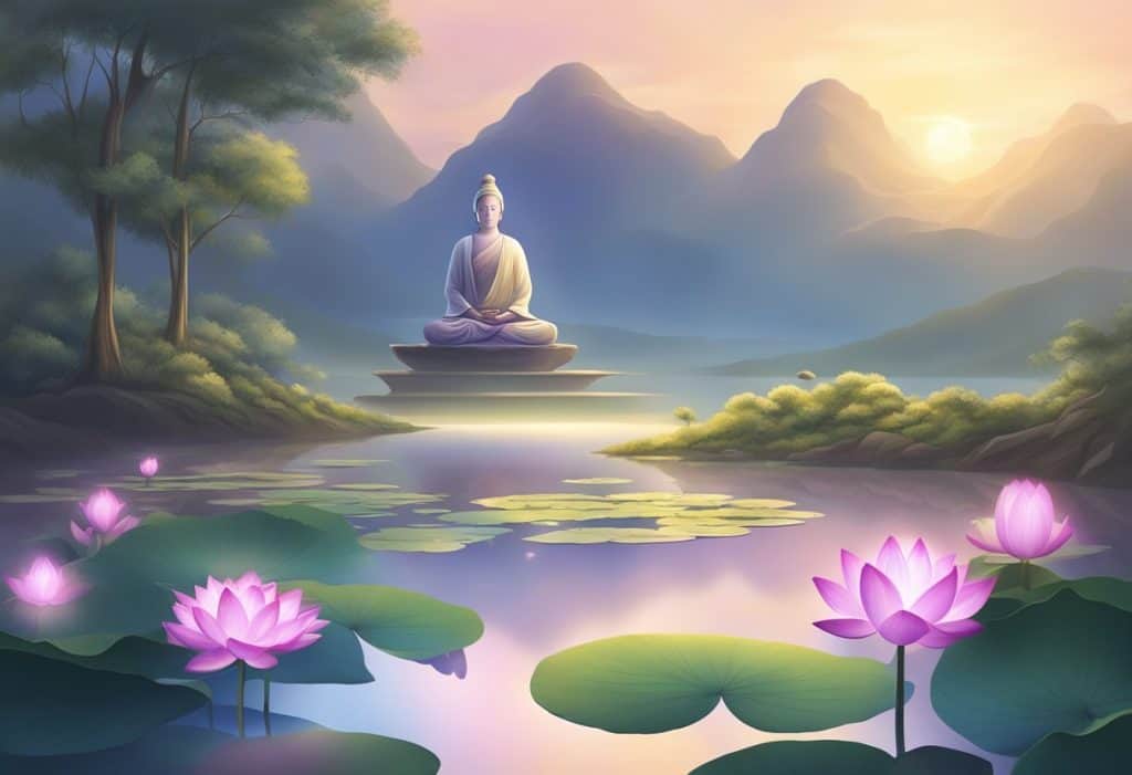 A serene, meditative setting with a lotus flower, a peaceful landscape, and a glowing light representing enlightenment