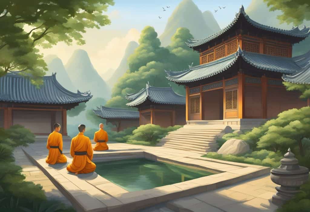 Shaolin monks meditate in a tranquil monastery courtyard, surrounded by lush gardens and ancient architecture