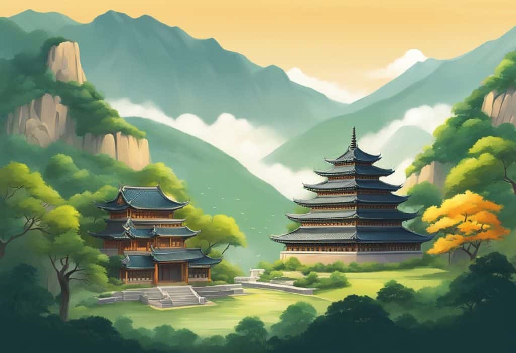 A serene Shaolin temple nestled in a lush mountainous landscape, with traditional architecture and a tranquil atmosphere