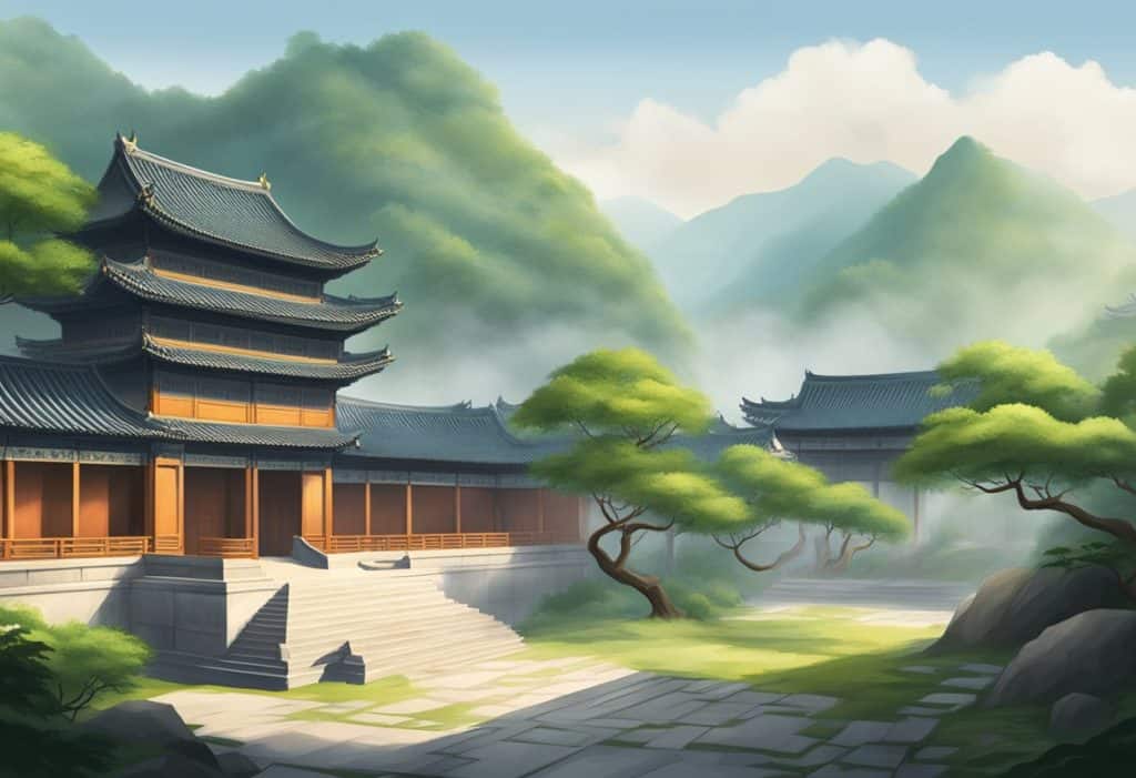 A serene Shaolin temple courtyard, with ancient architecture and lush greenery, surrounded by misty mountains
