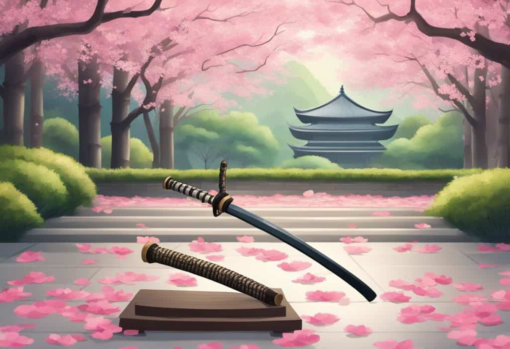 A lone samurai sword rests on a traditional Japanese katana stand, surrounded by cherry blossom petals and a serene bamboo garden
