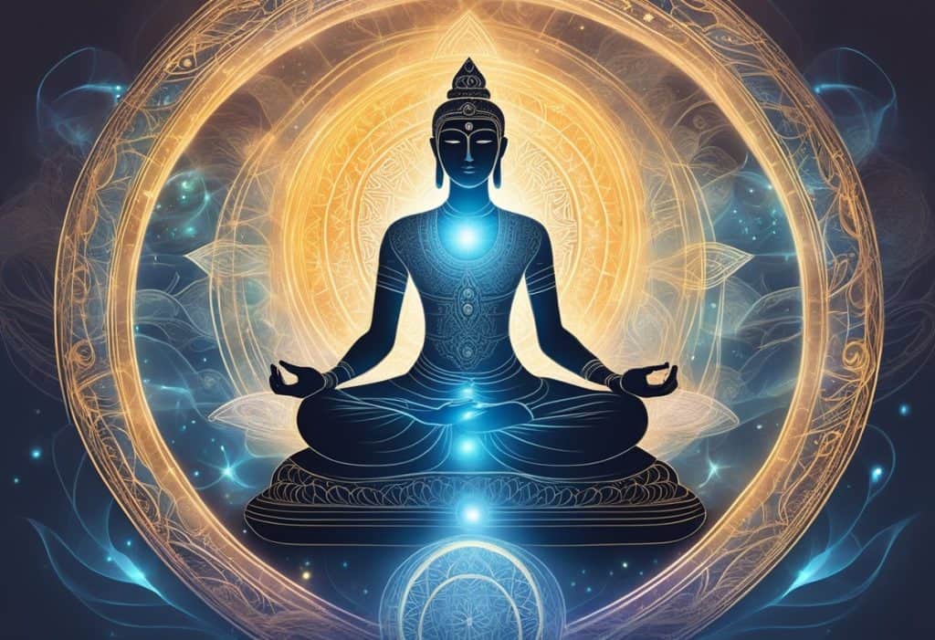 A serene figure meditates under a glowing, ethereal light, surrounded by symbols of spiritual practices and divine connection