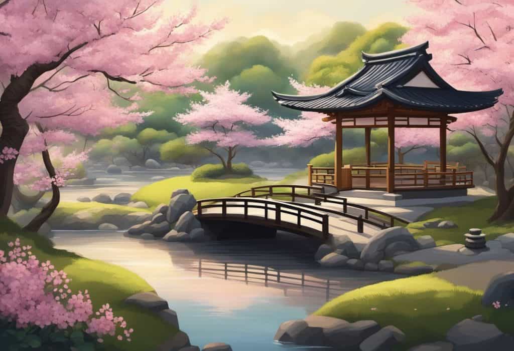 A traditional Japanese samurai sword displayed on a wooden stand with a backdrop of cherry blossom trees and a serene mountain landscape