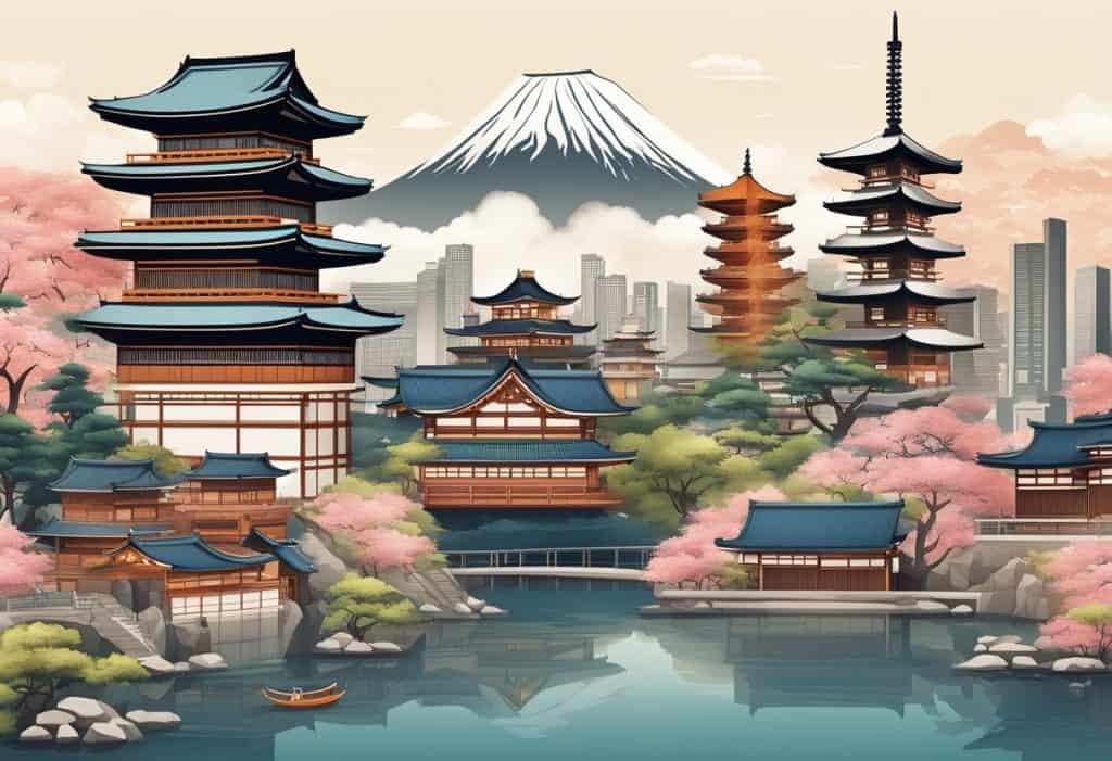 A modern city skyline with traditional Japanese architecture and symbols of honor and discipline, blending old and new