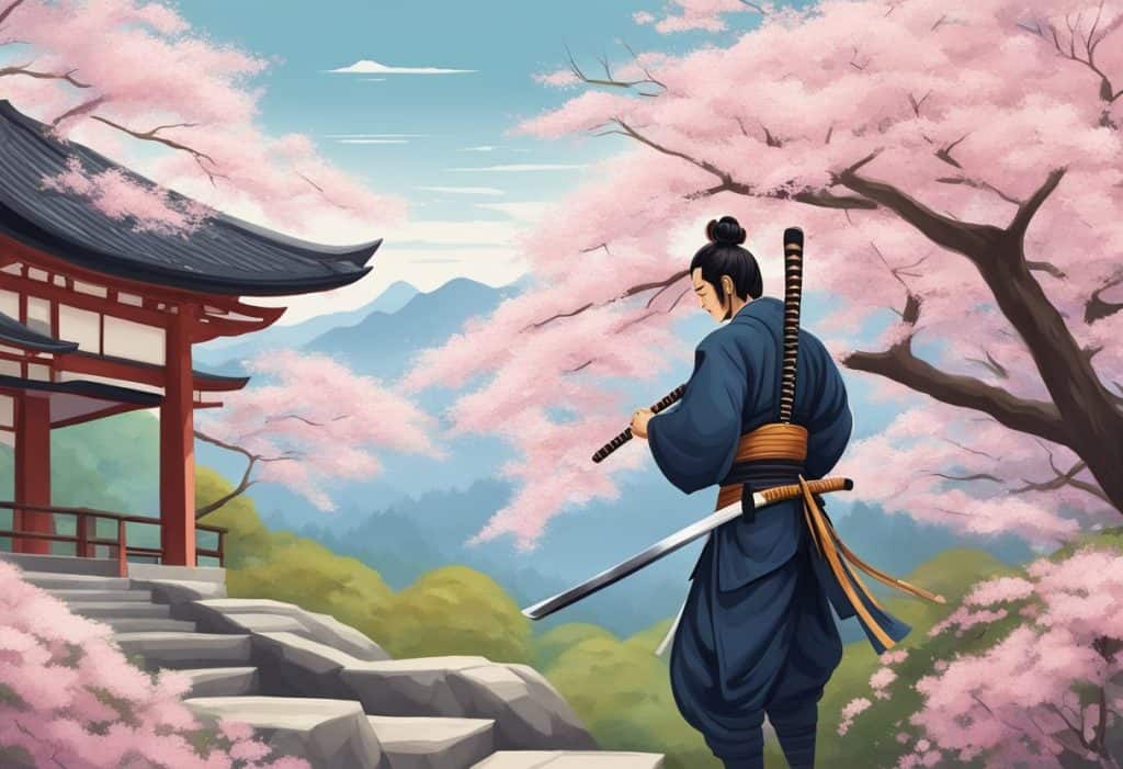 A lone samurai practices katana forms in a tranquil garden, surrounded by cherry blossoms and traditional Japanese architecture
