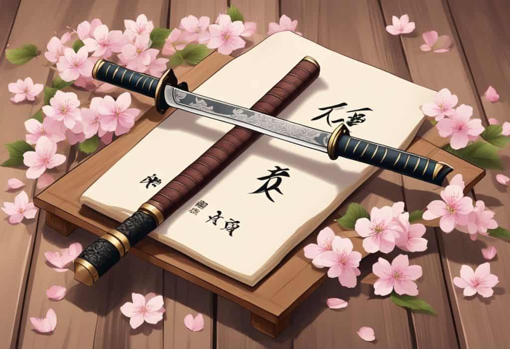 A traditional Japanese katana resting on a wooden stand, surrounded by cherry blossom petals and a scroll with the words "Frequently Asked Questions" written in elegant calligraphy