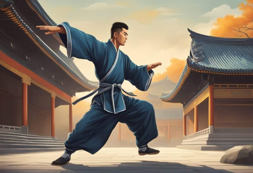 A kung fu master executing a powerful kick in a traditional Chinese temple courtyard