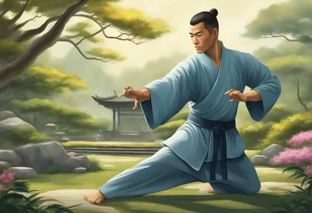 A kung fu master practicing forms in a serene garden setting
